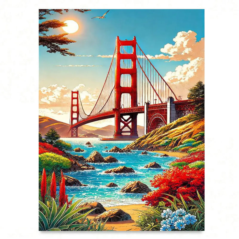 Wall decor, room decor, home decor, Painting of the Golden Gate Bridge with a scenic landscape.