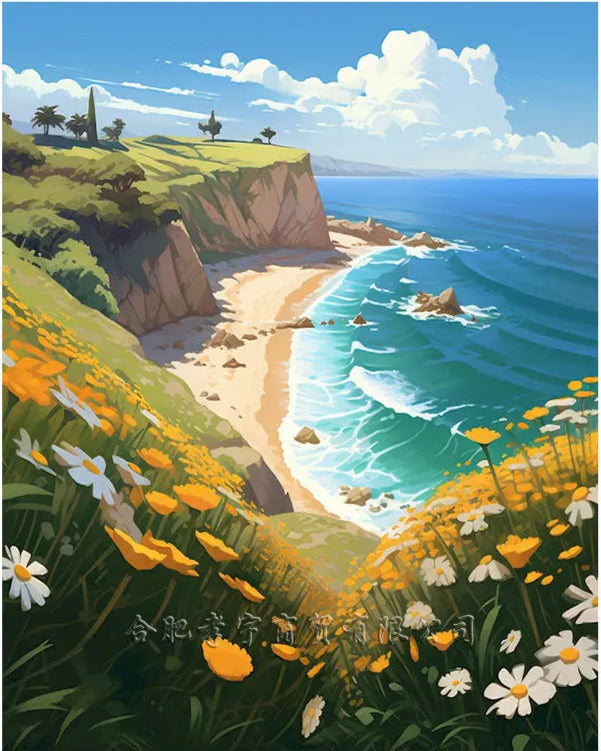 Wall decor, room decor, home decor, Scenic painting of a coastal landscape with flowers and cliffs.