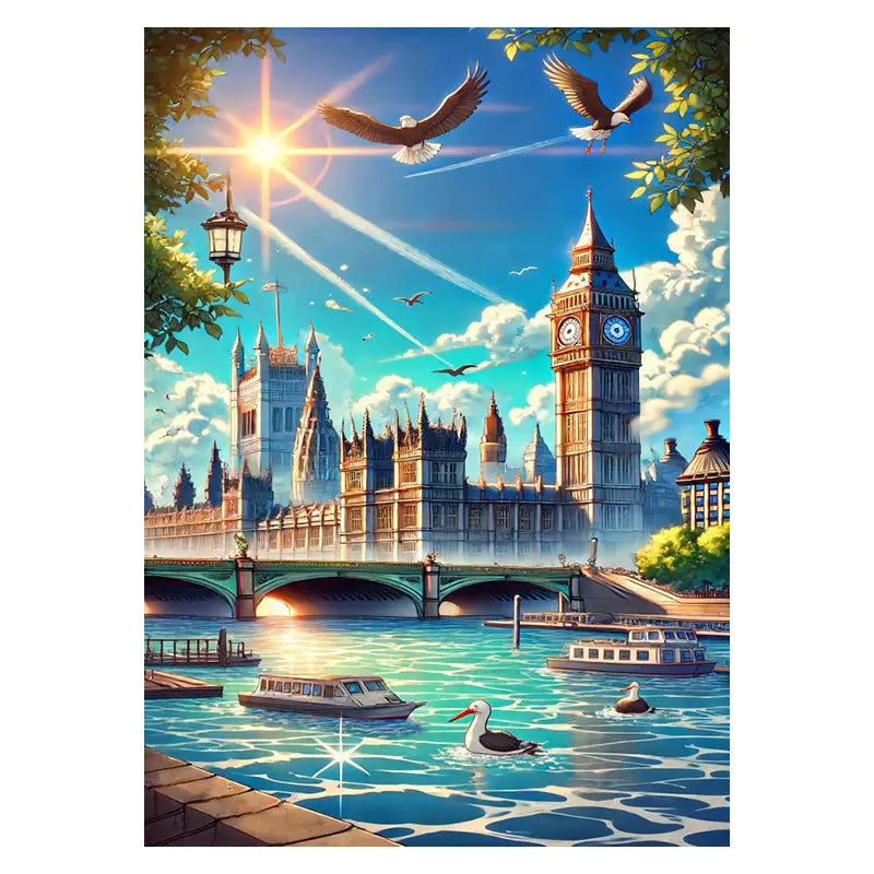 Wall decor, room decor, home decor, Illustration of a cityscape with a clock tower, bridge, and boats on water.