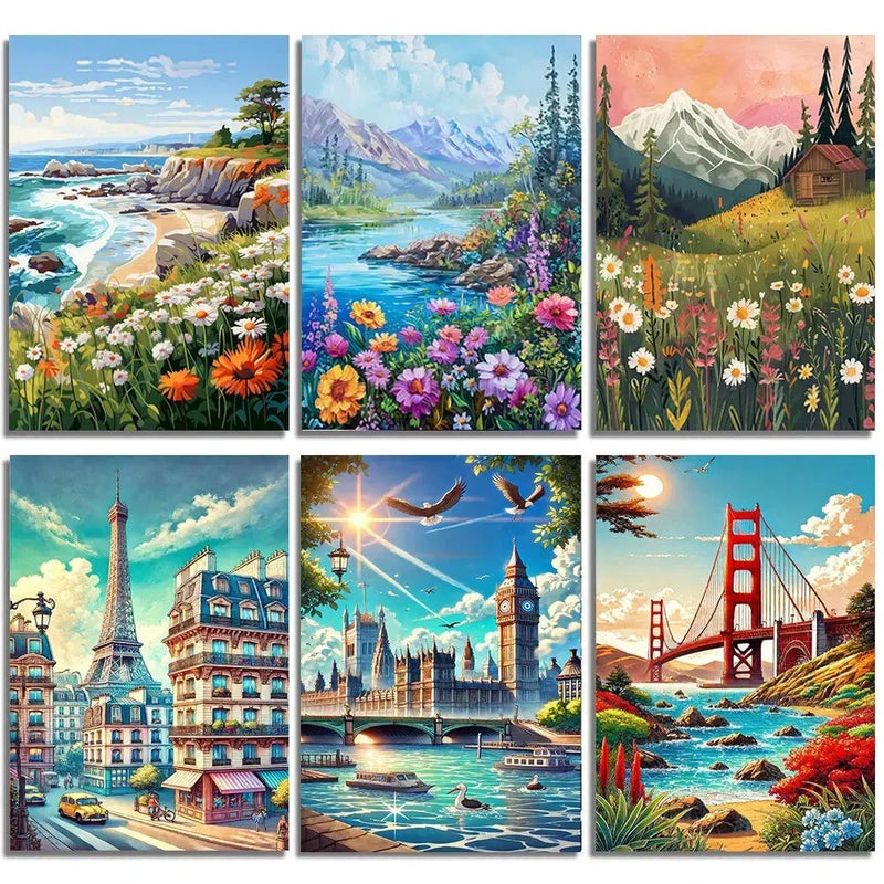 Wall decor, room decor, home decor, Set of six scenic paintings including a coastal view, mountain landscape, garden, cityscape, bridge, and Eiffel Tower.