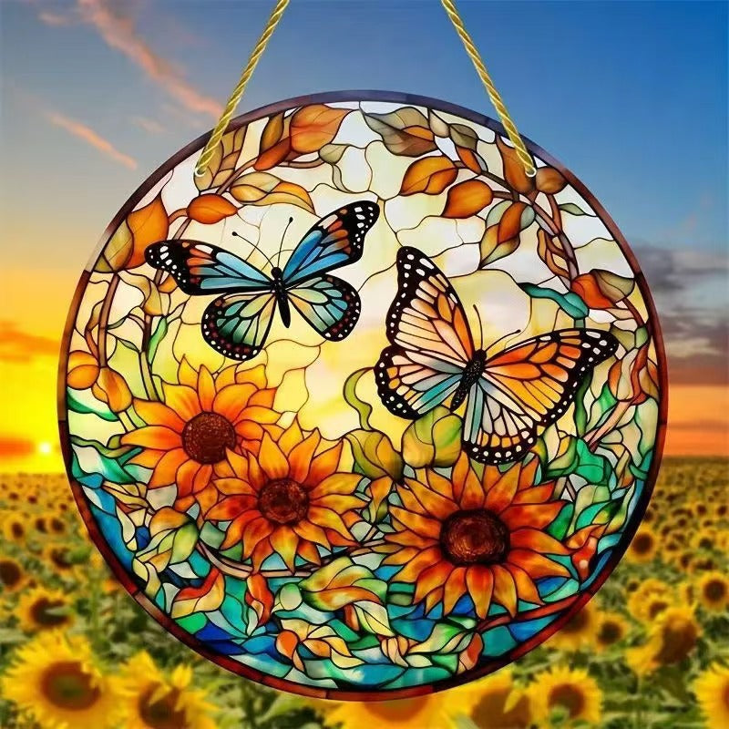 Home decor, room decor, wall decor, Decorative circular piece with butterflies and sunflowers against a sunset sky