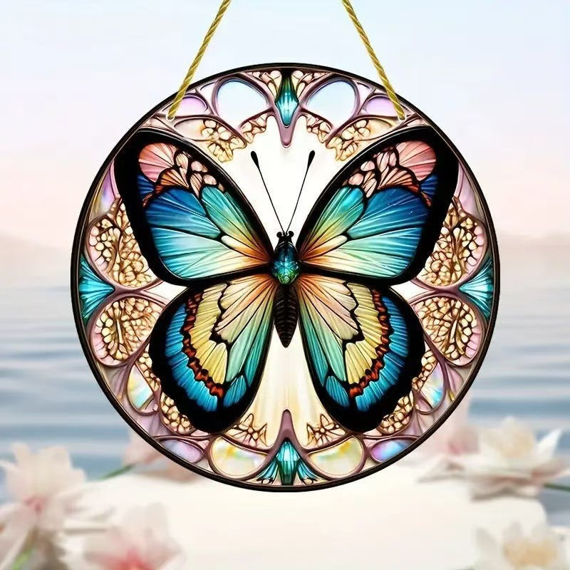 Home decor, room decor, wall decor, Stained glass butterfly decoration with floral patterns on a blurred natural background