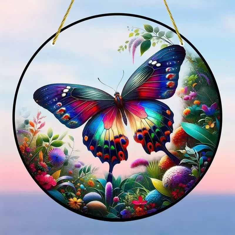 Home decor, room decor, wall decor, Colourful butterfly design with flowers and leaves on a circular frame against a blue sky.