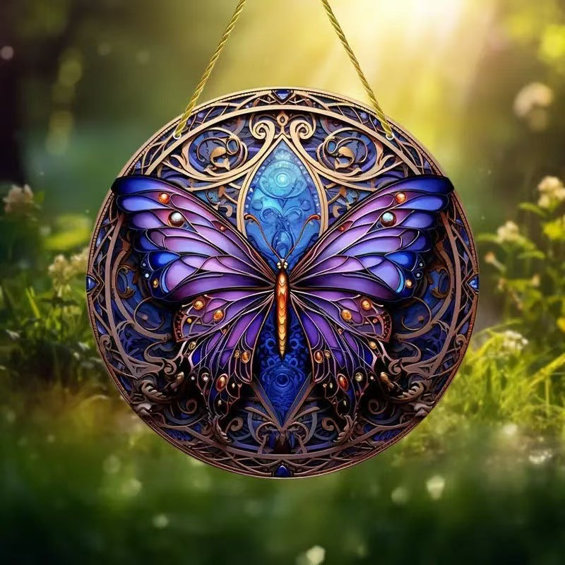 Home decor, room decor, wall decor, Decorative butterfly ornament with intricate patterns hanging in a natural setting.