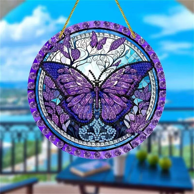 Home decor, room decor, wall decor, Decorative purple butterfly-stained glass panel hanging outdoors with a blue-sky background.