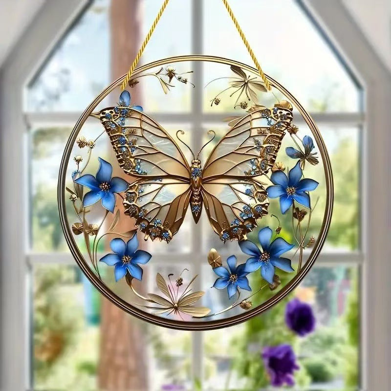 Home decor, room decor, wall decor, Decorative circular hanging with butterflies and flowers in front of a window