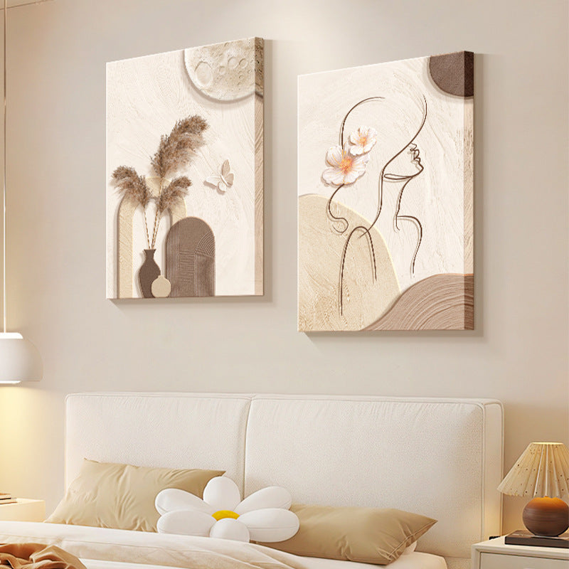 Home decor, room decor, wall decor, Two abstract wall art pieces above a bed in a bedroom setting.