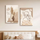 Home decor, room decor, wall decor, Two wall art pieces on a wall above a bed in a bedroom setting.