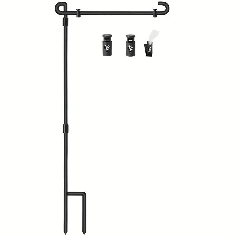 Garden pots, outdoor decor, garden ornaments, Black metal stand with adjustable arm and three attachments on a white background