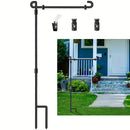 Garden pots, outdoor decor, garden ornaments, Black garden flag stand with three flag holders on a white background, with an inset showing its use in front of a house.