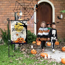 Garden pots, outdoor decor, garden ornaments, Children in Halloween costumes standing in a decorated garden with pumpkins and a 'Happy Halloween' sign.