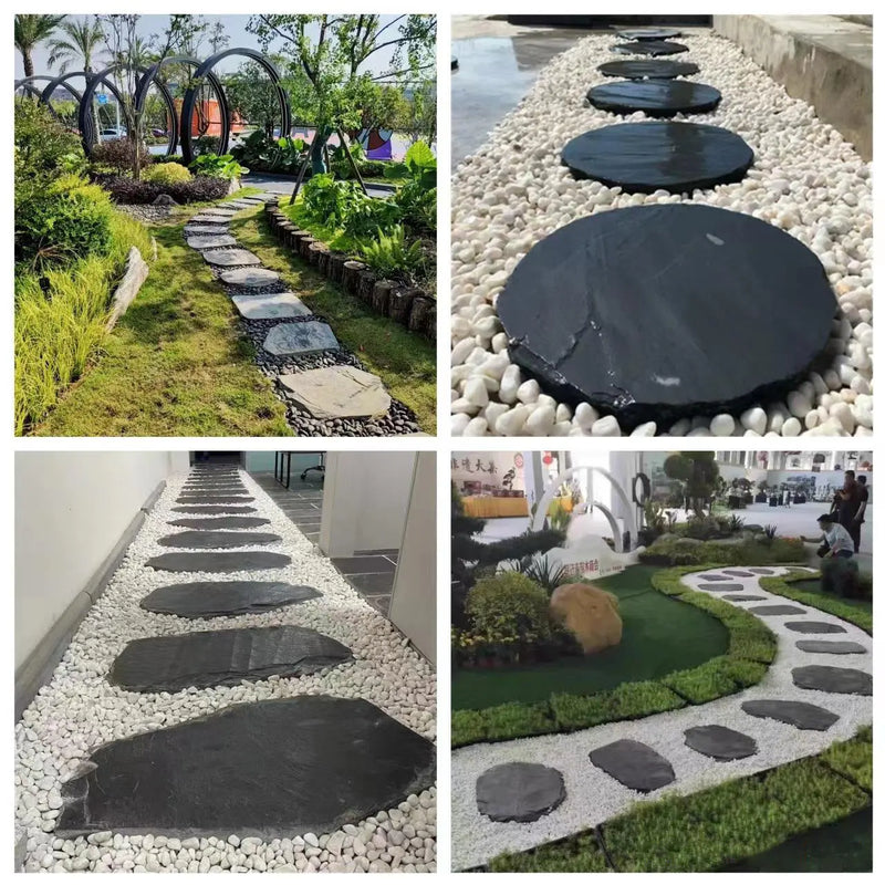 Garden pots, outdoor decor, garden ornaments, Collage of garden pathways with black stepping stones and white pebbles.