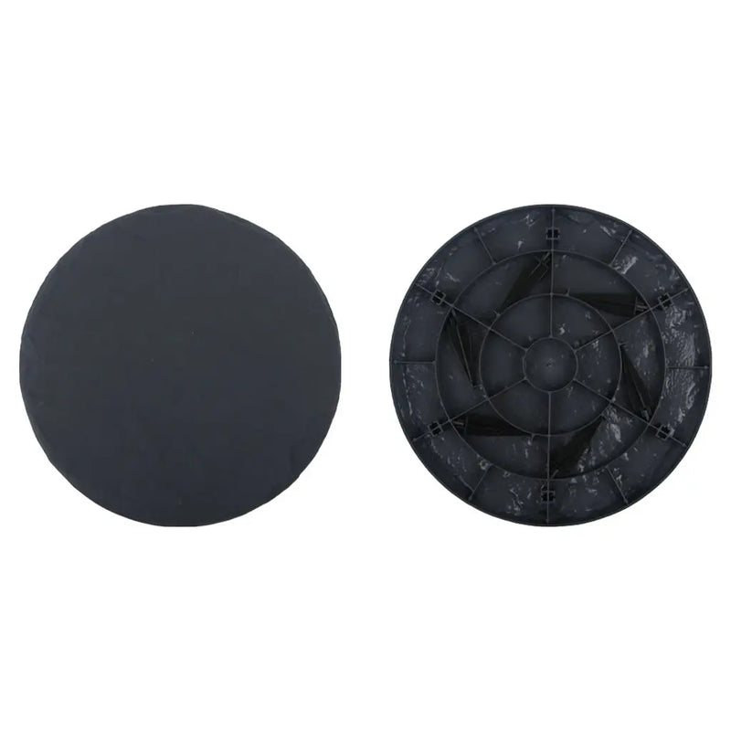 Garden pots, outdoor decor, garden ornaments, Two black circular objects, one plain and one with a textured pattern, on a white background.