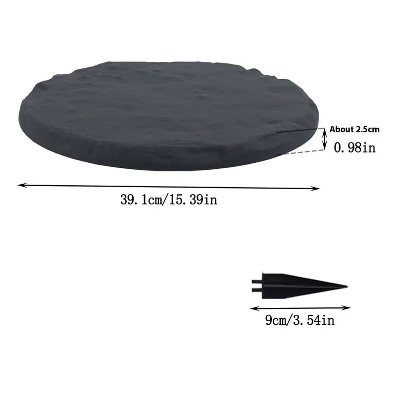 Garden pots, outdoor decor, garden ornaments, Measurement chart of a black round object with dimensions labeled.
