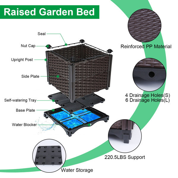 Garden pots, outdoor decor, garden ornaments, Raised garden bed with labeled parts and features on a white background