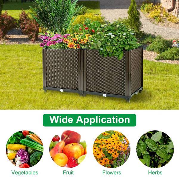 Garden pots, outdoor decor, garden ornaments, Wicker planter box with plants on grass, labeled 'Wide Application' with icons for vegetables, fruit, flowers, and herbs.