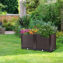 Garden pots, outdoor decor, garden ornaments, Brown wicker planter box with flowers on a grassy lawn