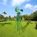Garden pots, outdoor decor, garden ornaments, Green windmill on a grassy area with palm trees in the background