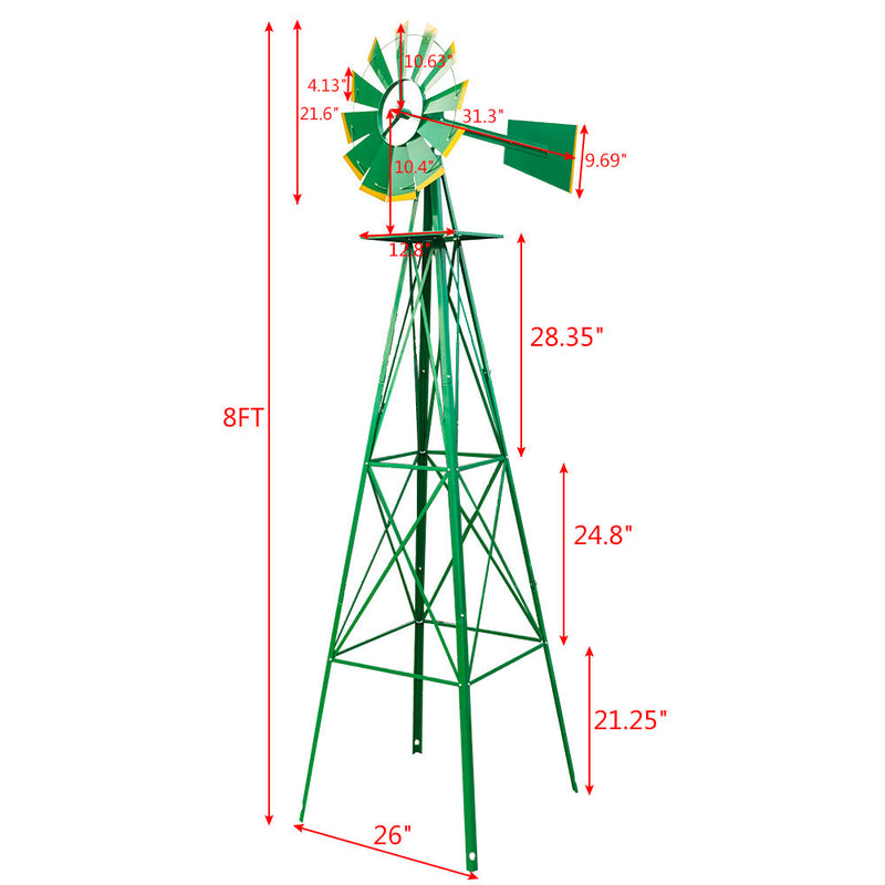 Garden pots, outdoor decor, garden ornaments, Green windmill with measurements on a white background