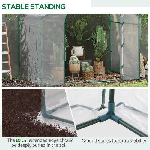 Garden pots, outdoor decor, garden ornaments, Greenhouse with plants inside, showing stability features like extended edge and ground stakes.