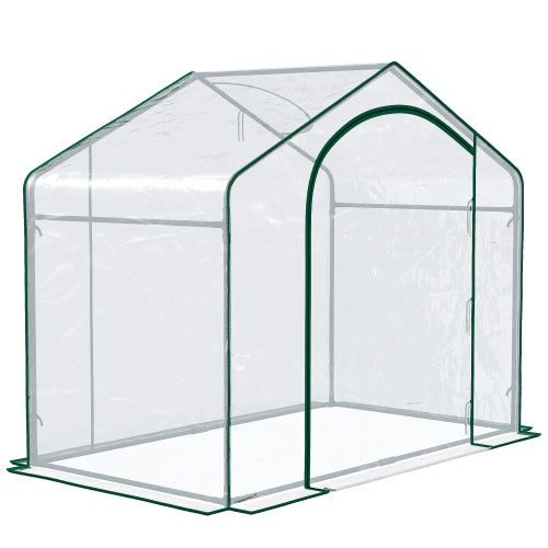 Garden pots, outdoor decor, garden ornaments, Small greenhouse with transparent plastic panels and a green frame on a white background