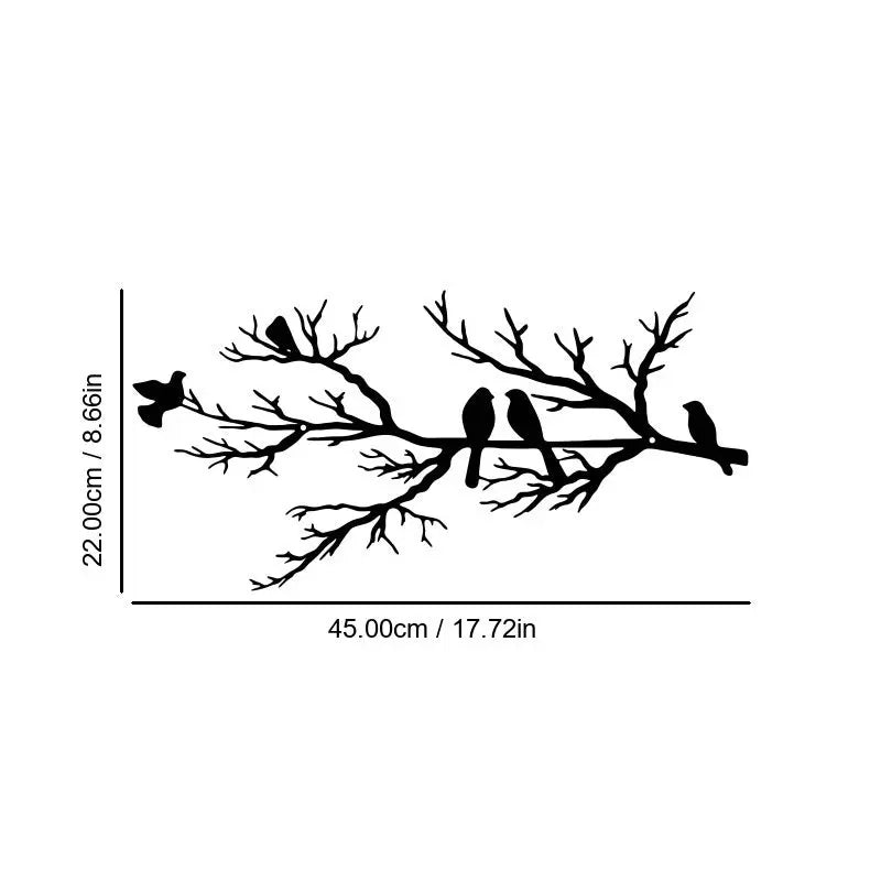 Home decor, wall decor, room decor, Black silhouette of birds on branches with measurements on a white background