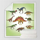 Mat, bed sheets, comforters, Blanket with colourful dinosaur illustrations on a green background
