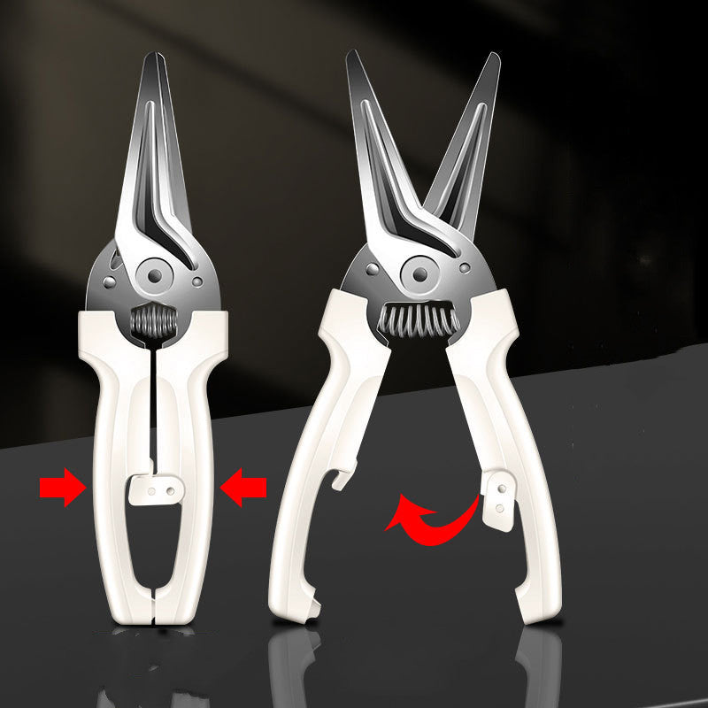 Household supplies, household cleaning products, cleaning products Pair of garden shears with white handles and silver blades on a black background.