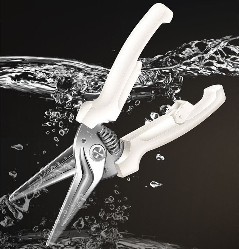 Household supplies, household cleaning products, cleaning products Pair of pliers with white handles on a black background with water effect
