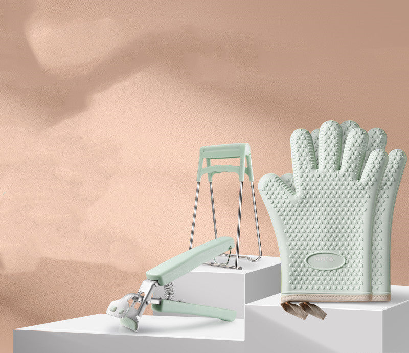Household supplies, household cleaning products, cleaning products Light green kitchen glove and stand on a white platform with a beige background