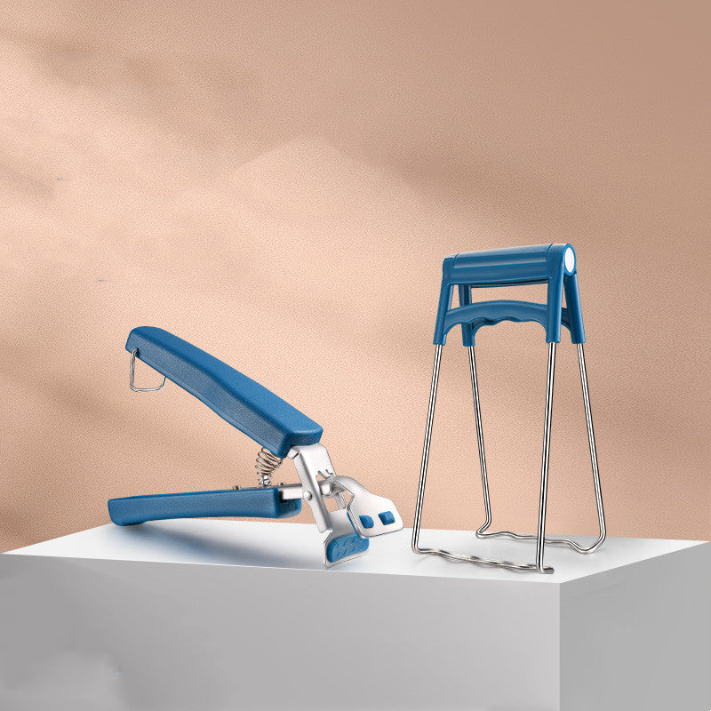Household supplies, household cleaning products, cleaning products Blue office chair and stapler on a beige background