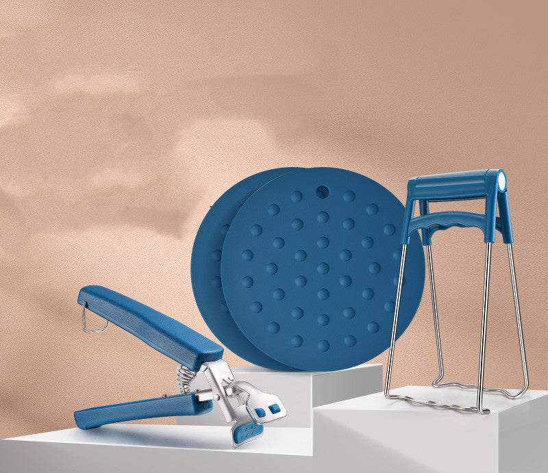 Household supplies, household cleaning products, cleaning products Blue kitchen tool set including a stand, press, and disc on a beige background
