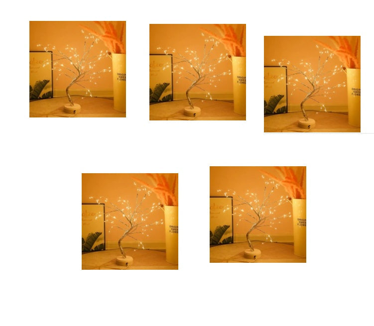 Home decor, room decor, Decorative LED tree with glowing branches on a wooden base against a warm-toned background.