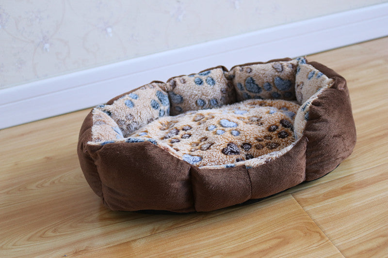 Mat, bed sheets, comforters, Brown pet bed with leopard print pattern on a wooden floor.