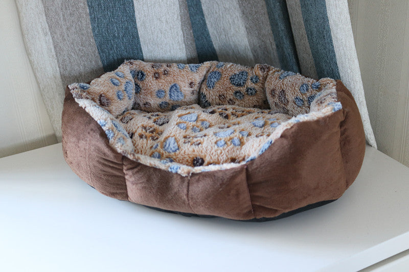 Mat, bed sheets, comforters, Brown pet bed with leopard print pattern on a white surface