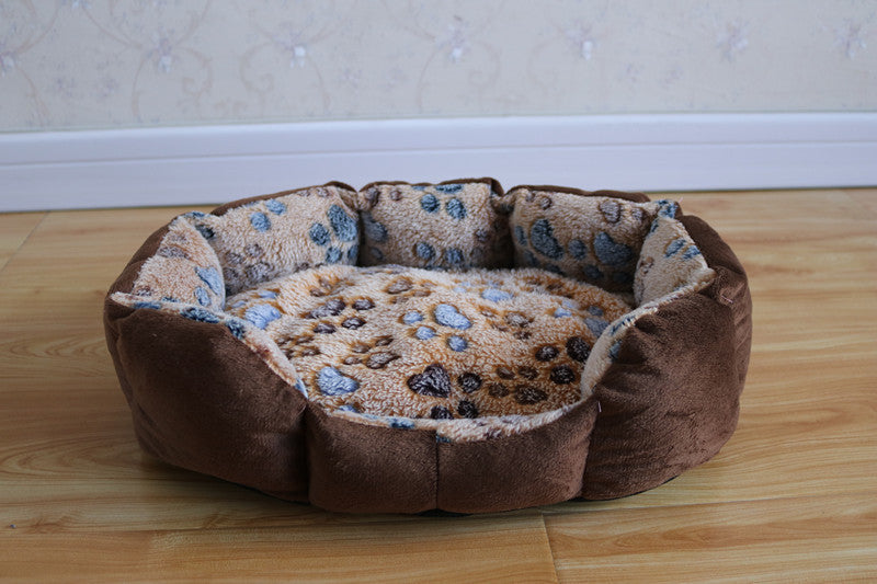 Mat, bed sheets, comforters, Brown pet bed with leopard print design on a wooden floor.