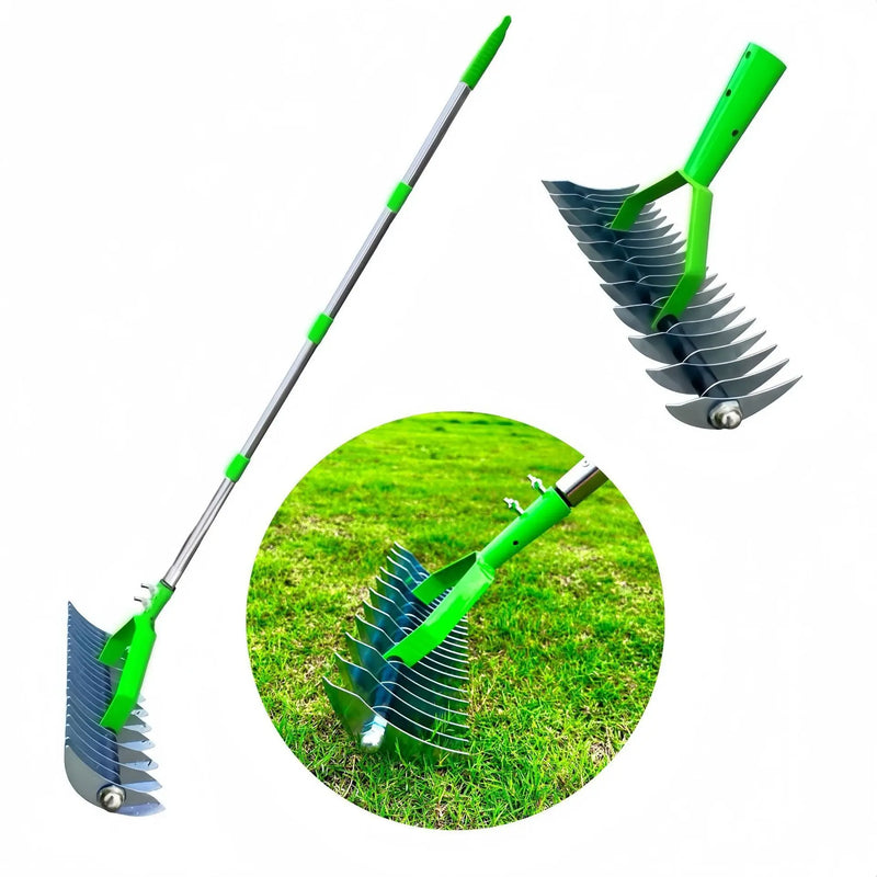 Garden pots, outdoor decor, garden ornaments, Garden rake with green handles and metal teeth on a white background