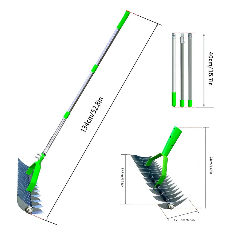 Garden pots, outdoor decor, garden ornaments, Measurement chart of a garden tool with green handles and blue bristles on a white background.