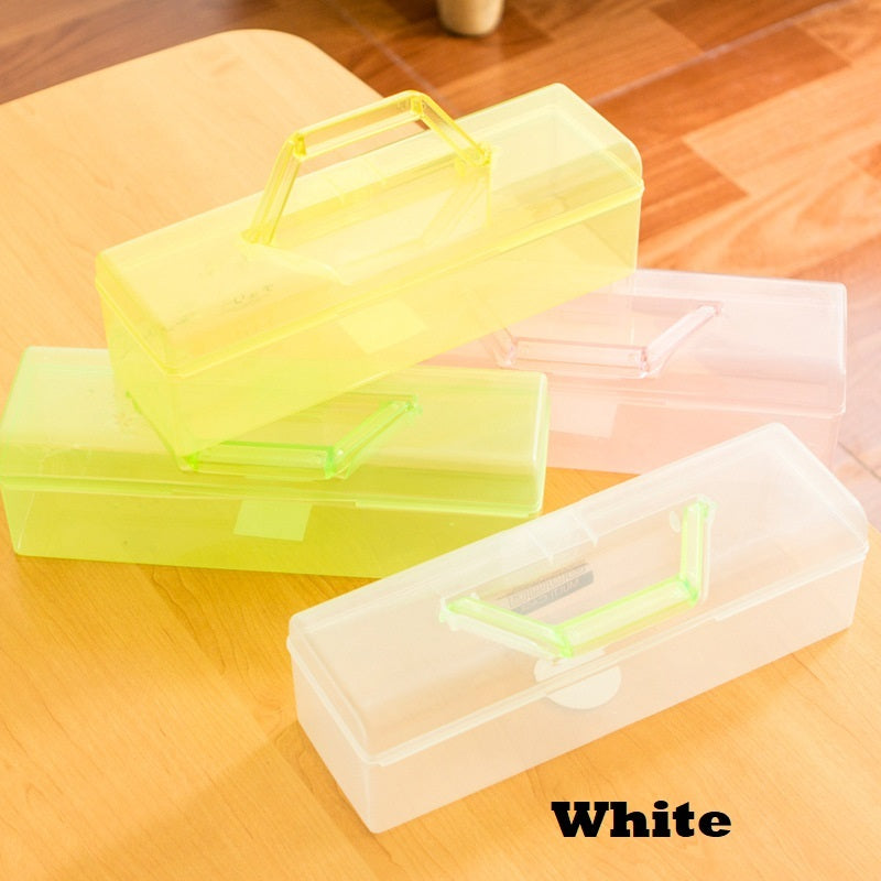 Household supplies, household cleaning products, cleaning products Set of clear plastic boxes with handles on a wooden surface, one labelled 'White'.