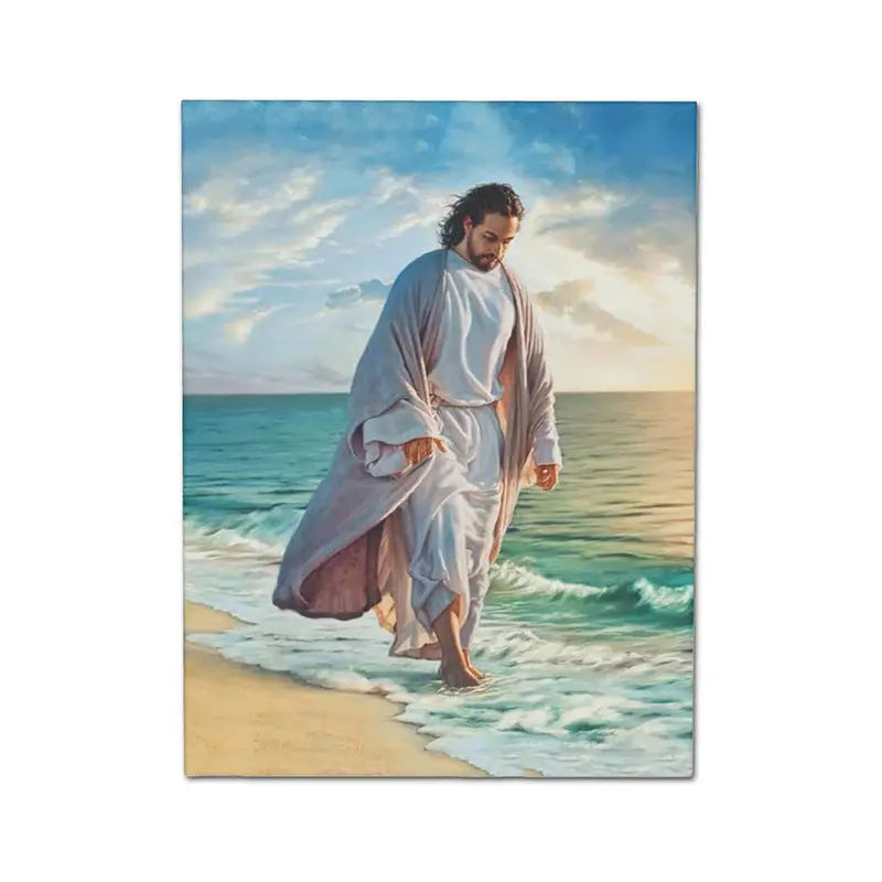 Home decor, wall decor, room decor, Painting of a person walking on a beach with waves and a blue sky.