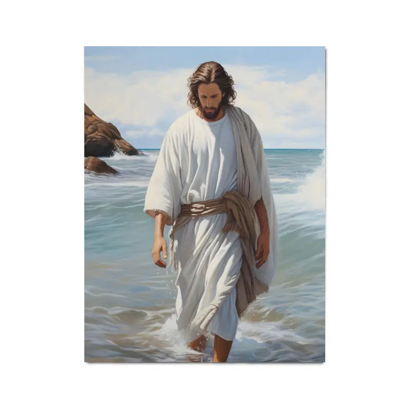 Home decor, wall decor, room decor, Man in a white robe walking on water with a scenic background