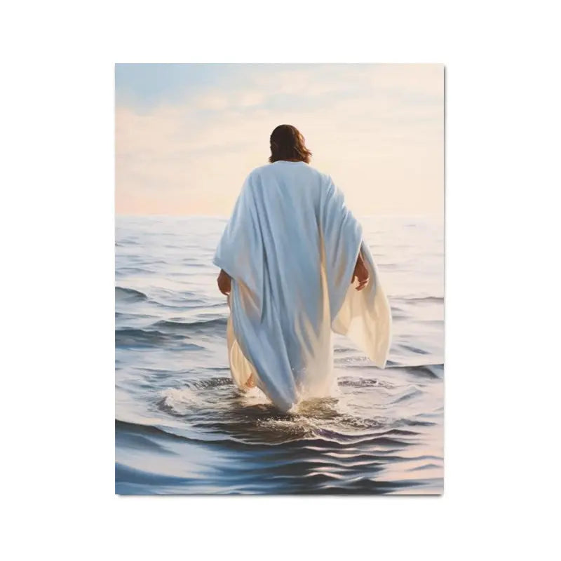 Home decor, wall decor, room decor, Person in a white robe walking on water with a serene sky and ocean background