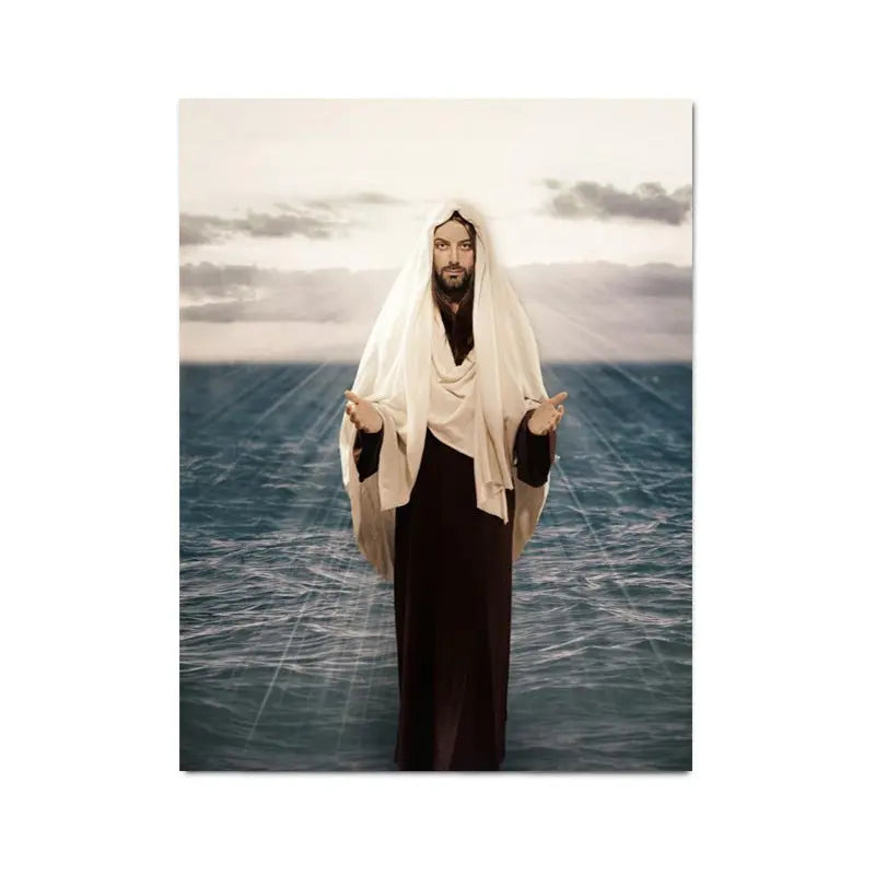 Home decor, wall decor, room decor, Person in a white robe standing on water with a cloudy sky background