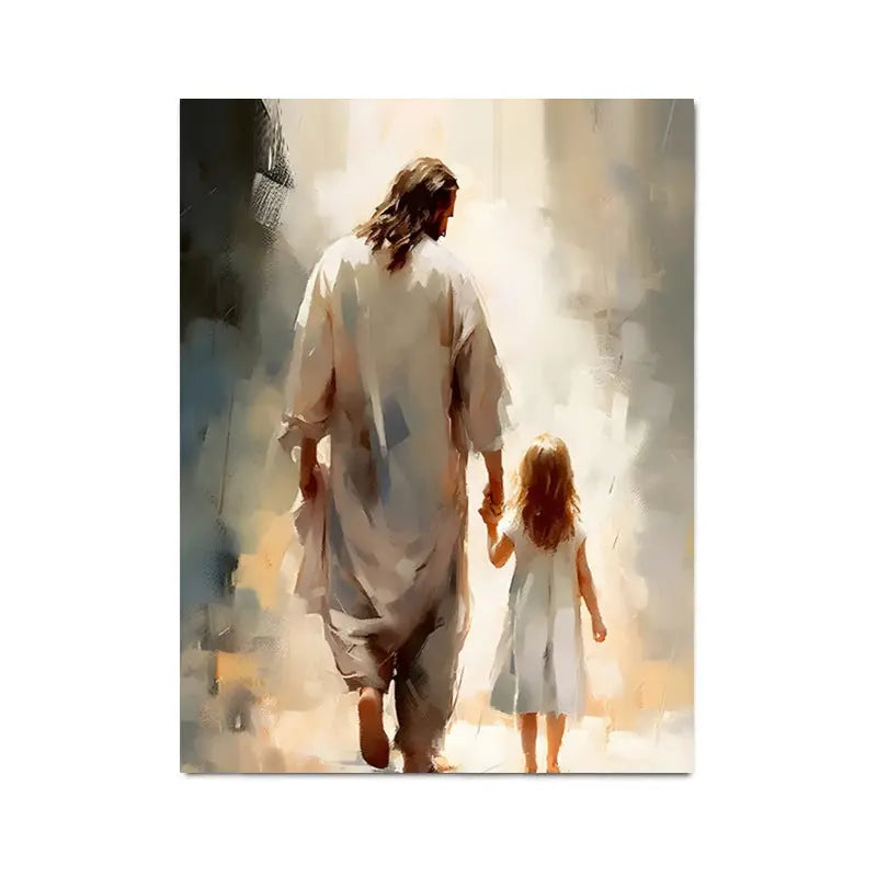 Home decor, wall decor, room decor, Painting of a man and a child walking together with a warm, glowing light in the background.
