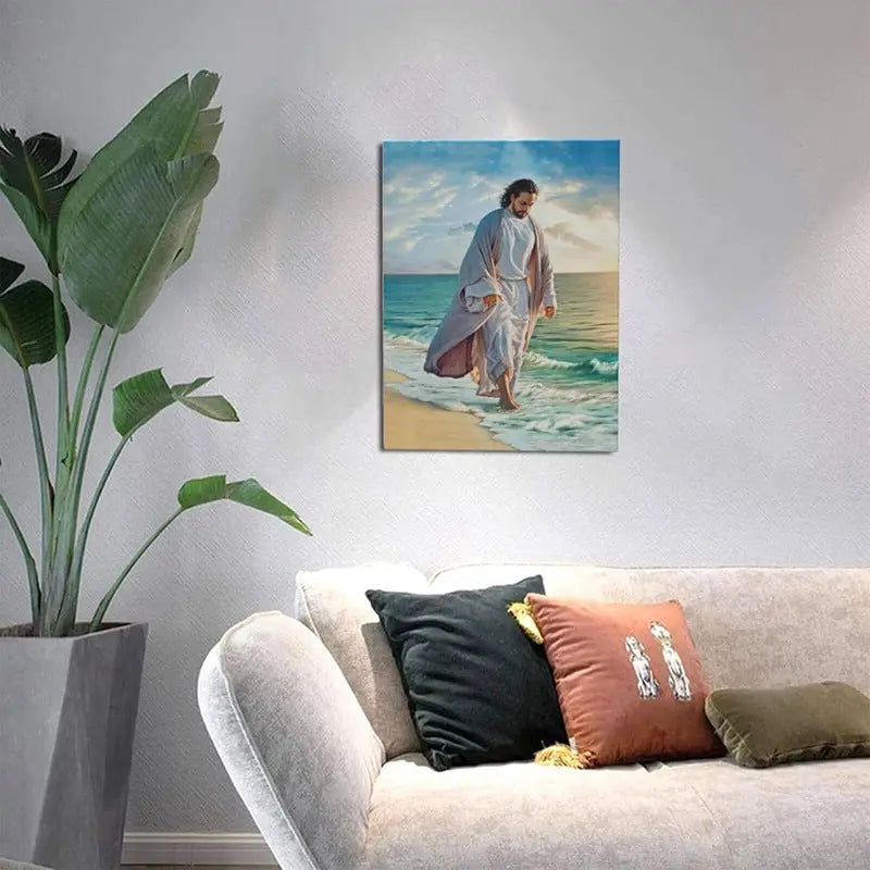 Home decor, wall decor, room decor, Canvas print of a religious scene on a wall above a sofa with decorative pillows.