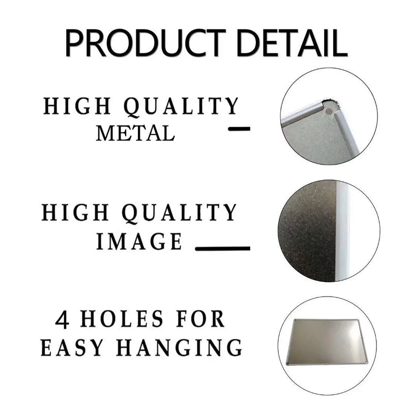 Home decor, room decor, wall decor, Product detail text with high-quality metal and image, and four holes for easy hanging.