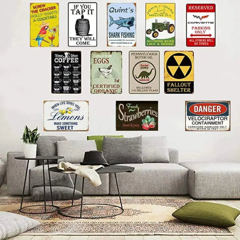 Home decor, room decor, wall decor, Living room with various vintage-style signs on the wall