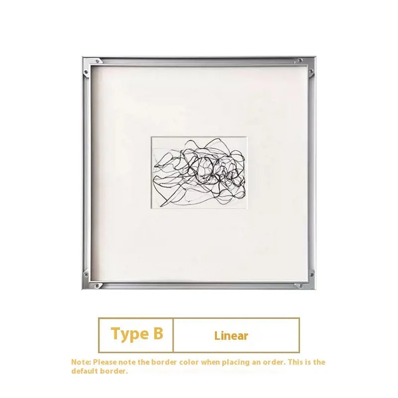 Home decor, wall decor, room decor, Framed abstract line drawing with a white border and gold text on a white background