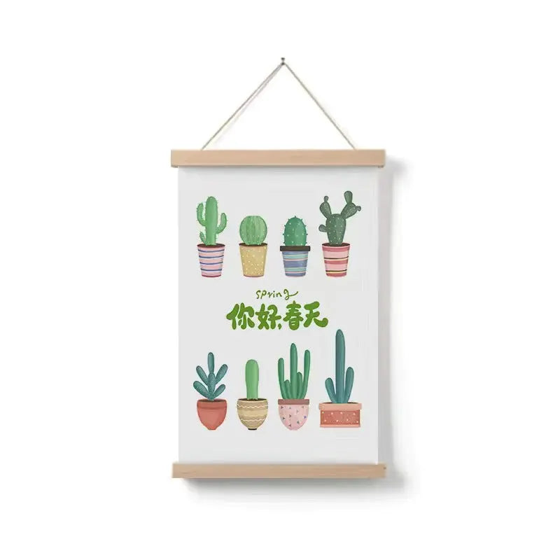 Home decor, wall decor, room decor, Hanging poster with illustrations of potted cacti and plants on a white background