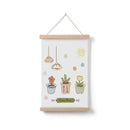 Home decor, wall decor, room decor, Decorative poster with illustrations of potted plants and a sun, hanging on a white background.